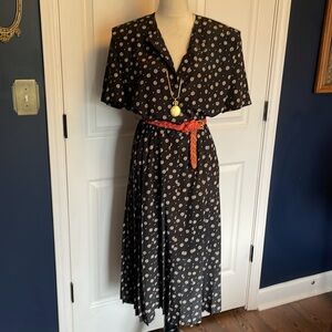 Vintage Leslie Fay Black & Cream Midi Dress Short Sleeves Pleated Skirt 14